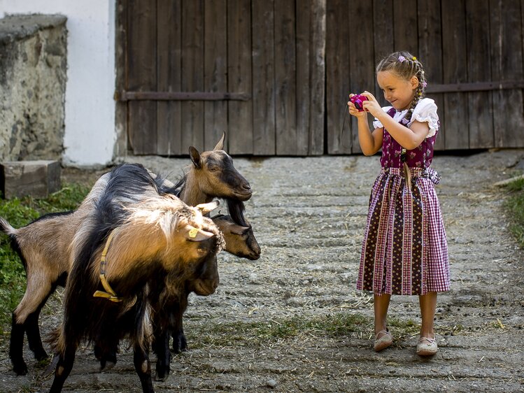 Mädchen im pinken Dirndl fotografiert Ziegen mit Spielzeugkamera | © Urlaub am Bauernhof Kärnten / Tom Lamm