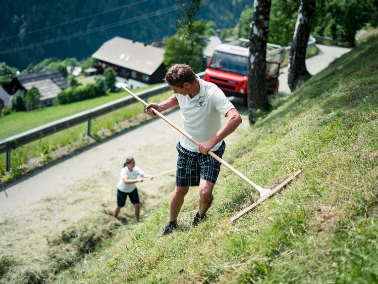 Frau und Mann machen Heu mit Rechen | © Urlaub am Bauernhof Kärnten/ Daniel Gollner