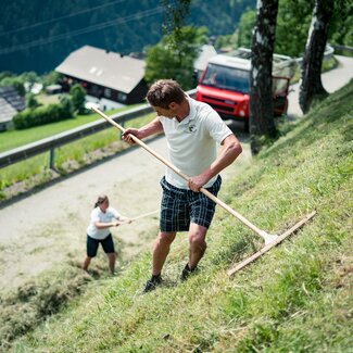 Frau und Mann machen Heu mit Rechen | © Urlaub am Bauernhof Kärnten/ Daniel Gollner