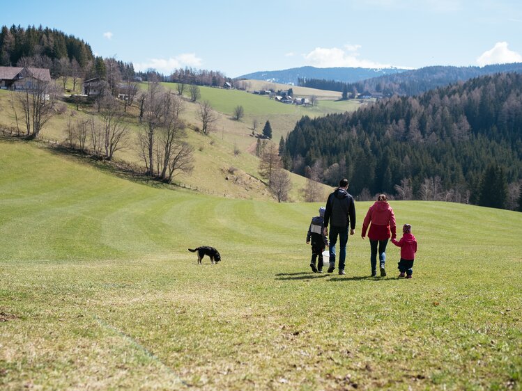 Familie spaziert auf der Wiese | © Urlaub am Bauernhof Kärnten / Daniel Gollner