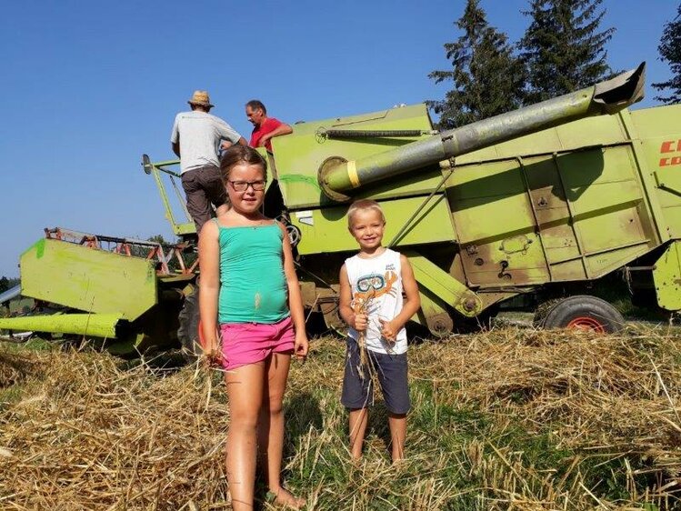 Kinder bei Mähdrescher am Bauernhof Dissauer | © Elisabeth Glatzenberger