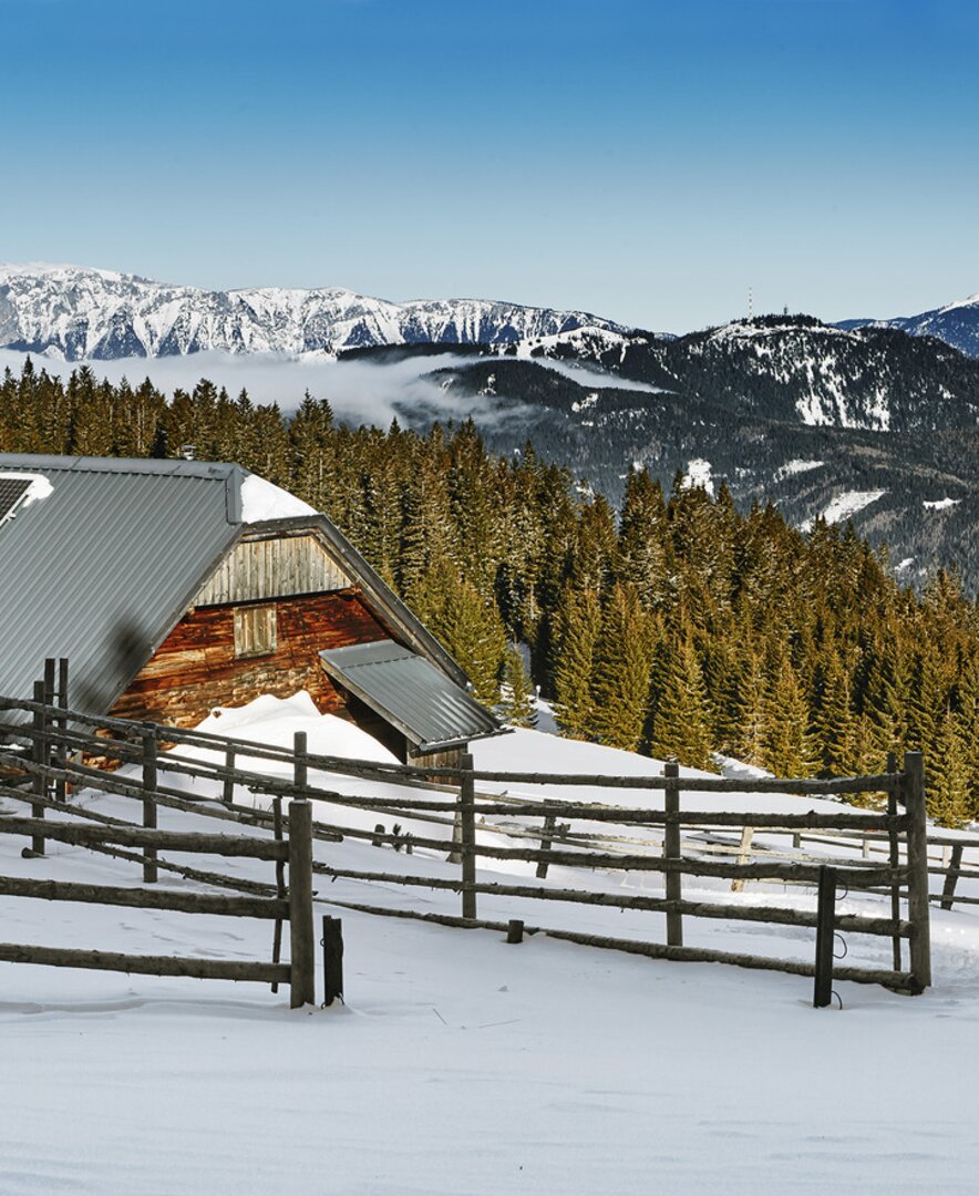 verschneite Winterlandschaft mit Almhütte in den Wiener Alpen | © Niederösterreich Werbung / Michael Liebert