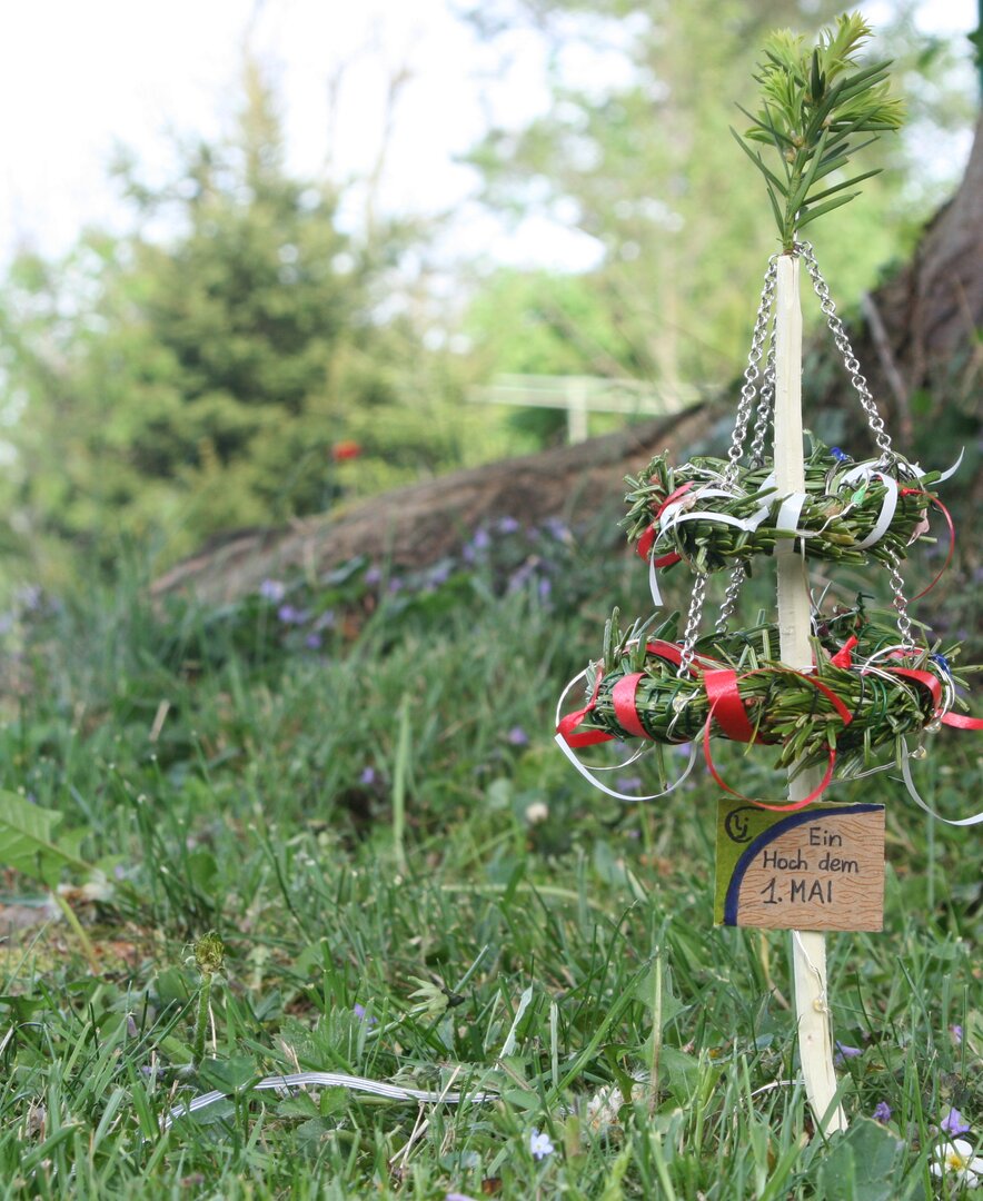 Miniatur-Maibaum vor einem Baum | © Urlaub am Bauernhof Oberösterreich / Landjugend OÖ