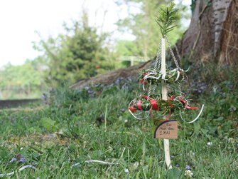 Miniatur-Maibaum vor einem Baum | © Urlaub am Bauernhof Oberösterreich / Landjugend OÖ