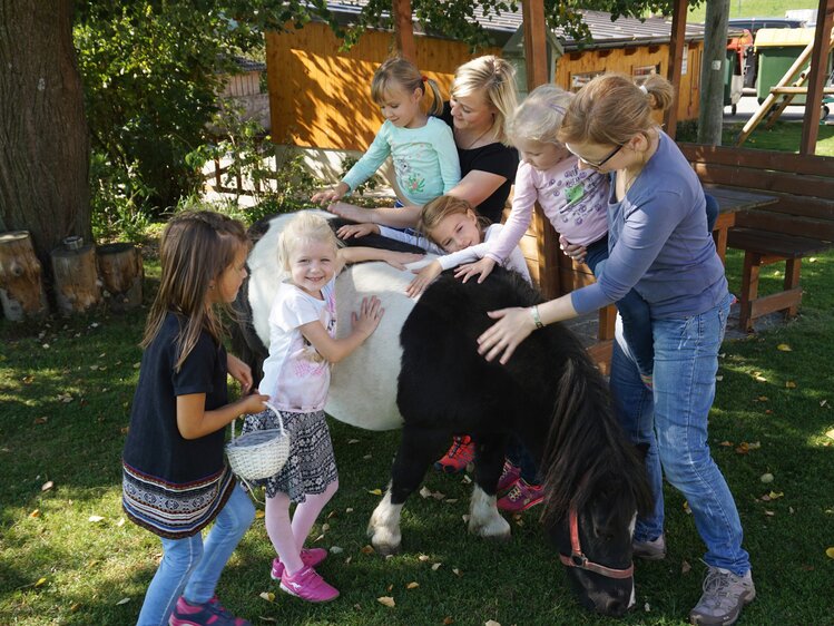 Kinder kuscheln mit einem Pony | © Urlaub am Bauernhof Oberösterreich / Harald Puchegger