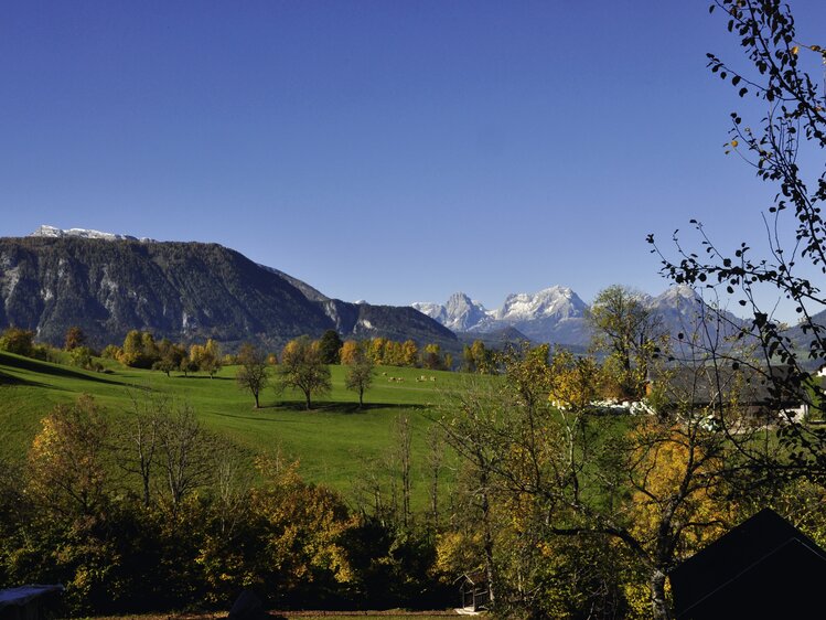 Herbstliche Wiesen und Wälder mit dem Bergpanorama des Toten Gebirges im Hintergrund, Nationalparkregion Kalkalpen | © Urlaub am Bauernhof Oberösterreich / Harald Puchegger