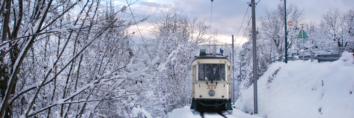 Pöstlingbergbahn im Winter | © Oberösterreich Tourismus GmbH / Andreas Röbl Pöstlingbergbahn fährt in winterlicher Landschaft bei Linz, Zentralraum | © Oberösterreich Tourismus GmbH / Andreas Röbl