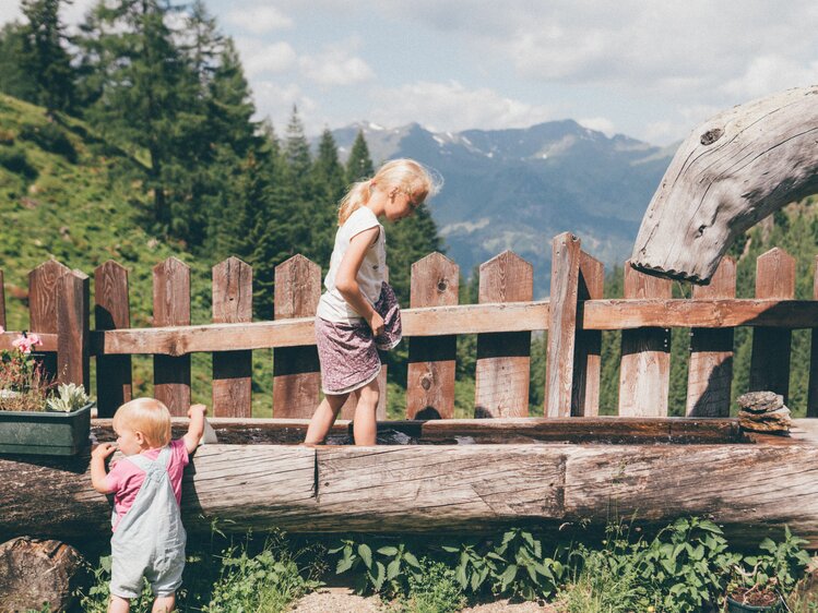 Zwei Mädchen spielen am Brunnen und im Brunnen auf der Alm am Grußberggut in Bad Hofgastein | © Urlaub am Bauernhof im Salzburger Land / Daniel Gollner