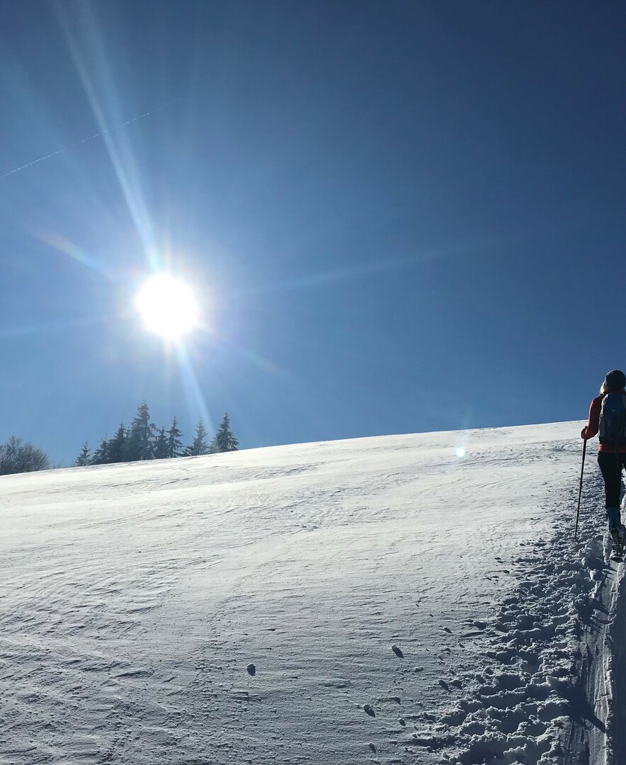 Skitourengeherin, Sonne im Hintergrund, WInterlandschaft, Salzburger Land | © Urlaub am Bauernhof Salzburger Land / Christina Eßl