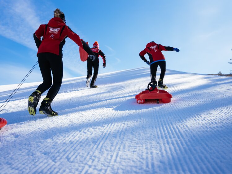 Mit dem Bob den schneebedeckten Hang hinauflaufen, Familie Orthofer, Steiermark | © Urlaub am Bauernhof Steiermark / Daniel Gollner