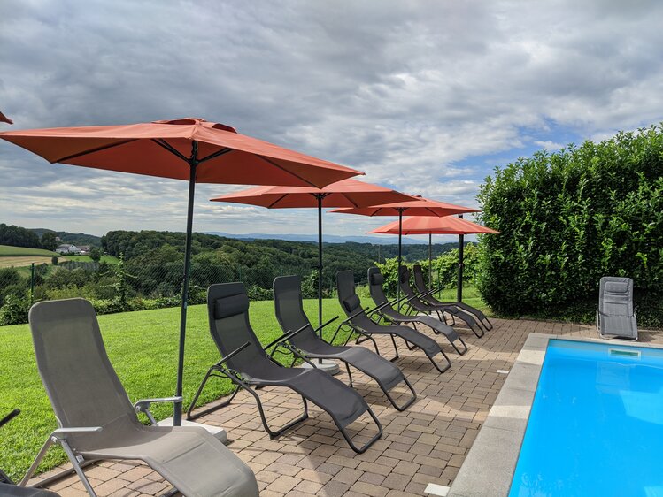 aufgereihte Liegestühle und Sonnenschirme am Pool, Schwalbenhof, Steiermark | © Urlaub am Bauernhof Steiermark / Evelyn Götz